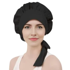 LOCZEK JEDWABNY BONNET (CZEPEK) “CZARNA ORCHIDEA” – delikatne zabezpieczenie włosów, kolor czarny